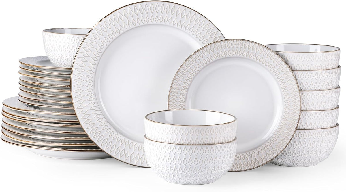 GBHOME Ceramic Dinnerware Sets,12 pcs Embossed Elegant Stoneware Plates and Bowls Sets, Housewarming Wedding Gift | Dishwasher &amp; Microwave Safe | Dishes Set Service for 4