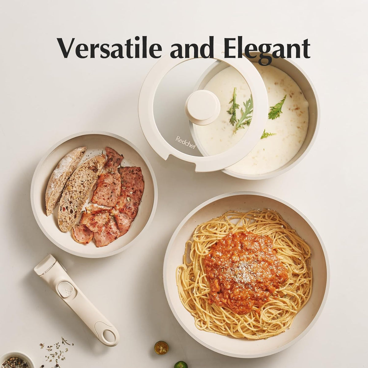 Redchef Ceramic Pots and Pans Set Non Stick, Nonstick Kitchen Cookware Sets, Non Toxic Pots and Pans Set Non Stick, PFAS PFOA &amp; PTFE Free, Detachable Handle Pots and Pans 5 Piece, RV Cookware