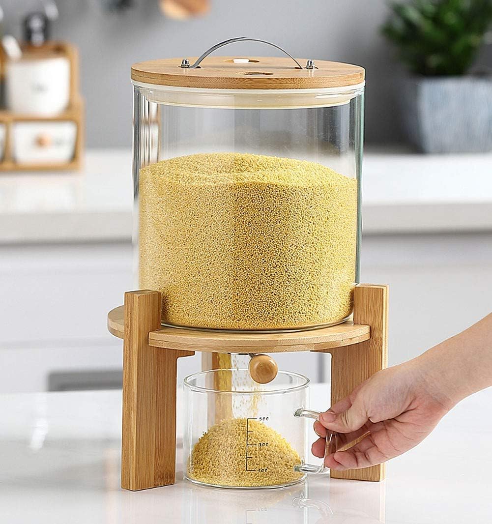 Rice Dispenser, Rice Storage Container, Flour and Cereal Container for Kitchen Organization and Pantry Store, Glass Cereal dispenser with Airtight Lid and Wooden Stand 5L