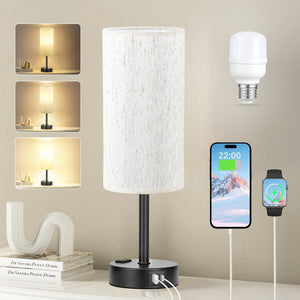 Fenmzee Bedside Table Lamp for Bedroom - 3 Way Dimmable Touch Lamp USB C Charging Ports and AC Outlet, Small Lamp Wood Base Round Flaxen Fabric Shade for Living Room, Desk, LED Bulb Included