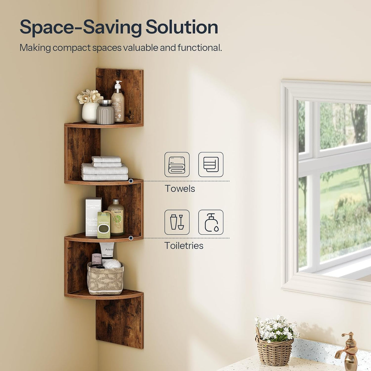 HOOBRO Corner Shelf Wall-Mounted, Set of 2 Floating Corner Shelves for Wall, 4-Tier Corner Bookshelves for Living Room, Bedroom, Bathroom, Home Office, Rustic Brown BF25BJP201