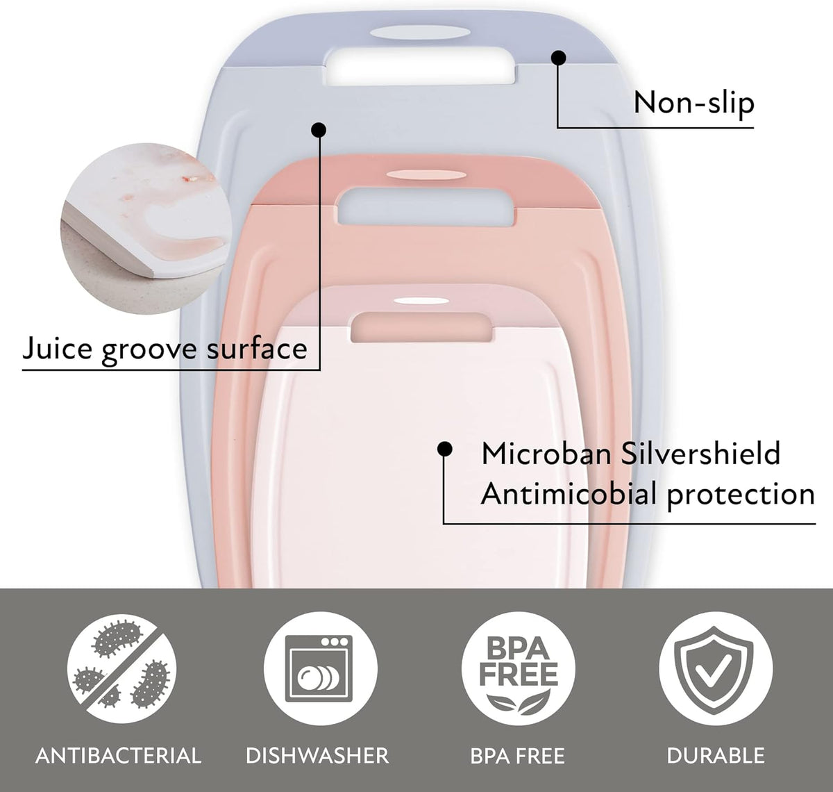 Neoflam Microban Protection Cutting Board 3 Piece Set, Stain &amp; Odor/BPA Free, Reversable Board, Upgraded Larger Juice Groove, Non-Slip EZ Grip Handle, Dishwasher Safe, Pastel