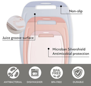 Neoflam Microban Protection Cutting Board 3 Piece Set, Stain & Odor/BPA Free, Reversable Board, Upgraded Larger Juice Groove, Non-Slip EZ Grip Handle, Dishwasher Safe, Pastel