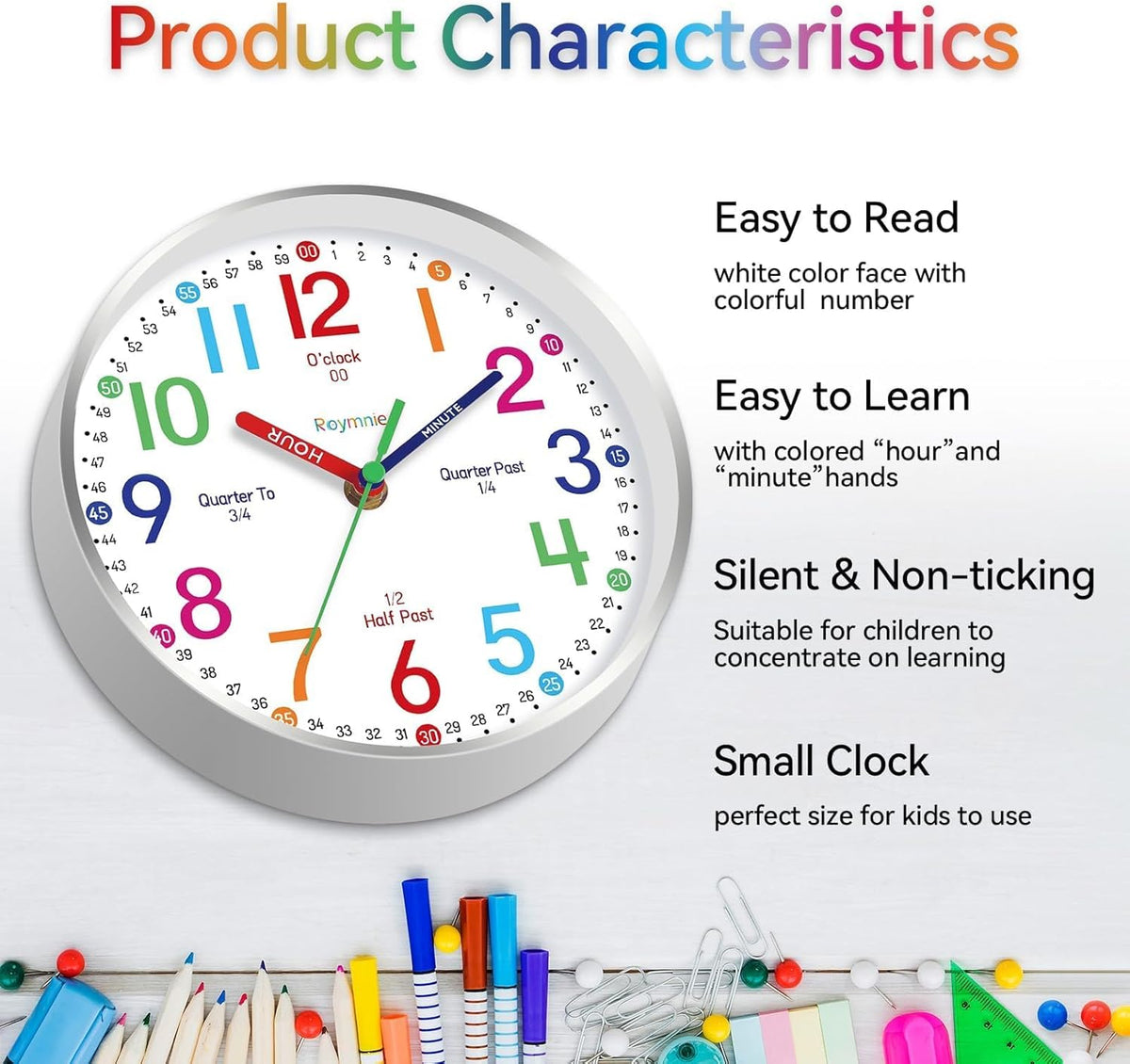 Wall Clock for Kids Learning to Tell Time Easily Non Ticking Battery Operated Kids Teaching Clock Silent Colorful Teaching Time Clock Decorative for Kids Room Classroom School (12 Inch)