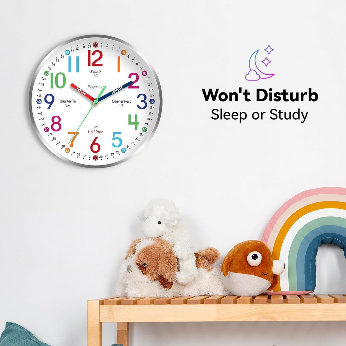 Wall Clock for Kids Learning to Tell Time Easily Non Ticking Battery Operated Kids Teaching Clock Silent Colorful Teaching Time Clock Decorative for Kids Room Classroom School (12 Inch)