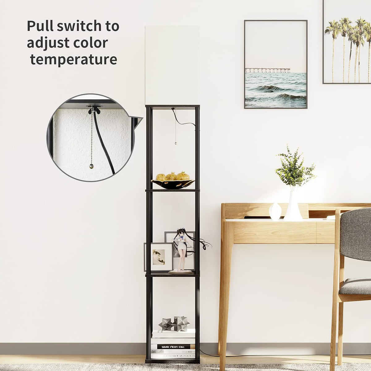 SUNMORY Floor Lamp with Shelves, Modern Square Standing Lamp with 3 Color Temperature Bulb, Corner Display Bookshelf Lamp for Living Room and Bedroom(Black)