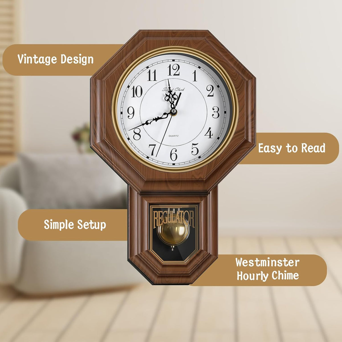 Pendulum Wall Clock Battery Operated, Imitation Wood Plastic Regulator Clock with Pendulum,Vintage Decorative Wall Clocks for Living Room,Farmhouse,Office,Bedroom,Kitchen,Wall Decor