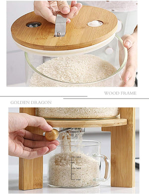 Rice Dispenser, Rice Storage Container, Flour and Cereal Container for Kitchen Organization and Pantry Store, Glass Cereal dispenser with Airtight Lid and Wooden Stand 5L