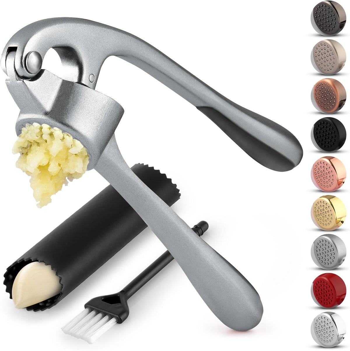 Zulay Kitchen Premium Garlic Press Set - Rust Proof &amp; Dishwasher Safe Professional Garlic Mincer Tool - Easy-Squeeze, Easy-Clean with Soft, Ergonomic Handle - Silicone Garlic Peeler &amp; Brush (Silver)