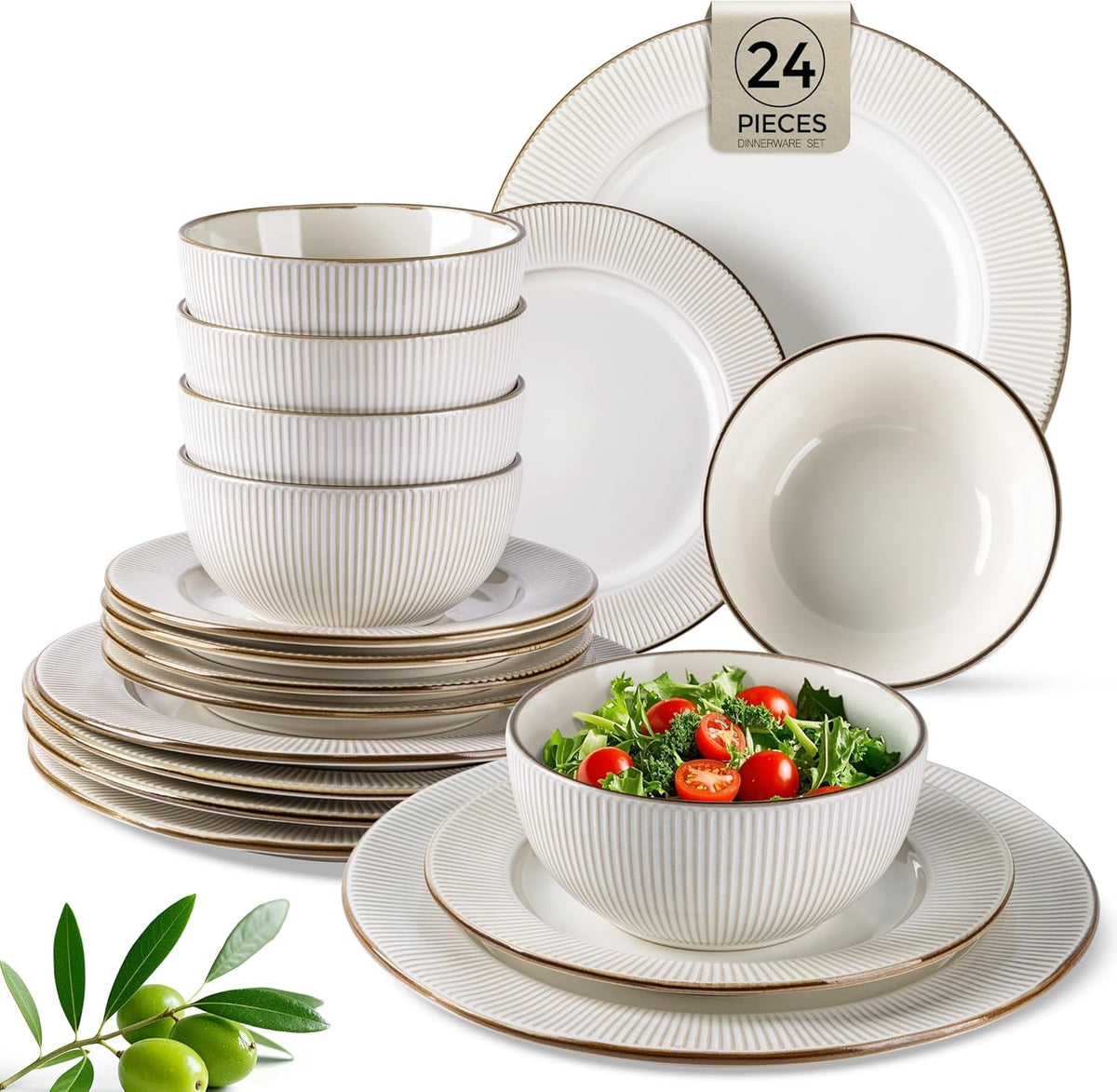 GBHOME Ceramic Dinnerware Sets,12 pcs Embossed Elegant Stoneware Plates and Bowls Sets, Housewarming Wedding Gift | Dishwasher &amp; Microwave Safe | Dishes Set Service for 4