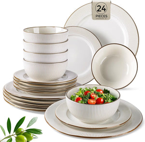 GBHOME Ceramic Dinnerware Sets,12 pcs Embossed Elegant Stoneware Plates and Bowls Sets, Housewarming Wedding Gift | Dishwasher & Microwave Safe | Dishes Set Service for 4