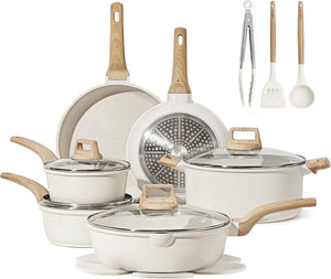 CAROTE 21Pcs Pots and Pans Set, Nonstick Cookware Sets, White Granite Induction Cookware Non Stick Cooking Set w/Frying Pans & Saucepans(PFOS, PFOA Free)