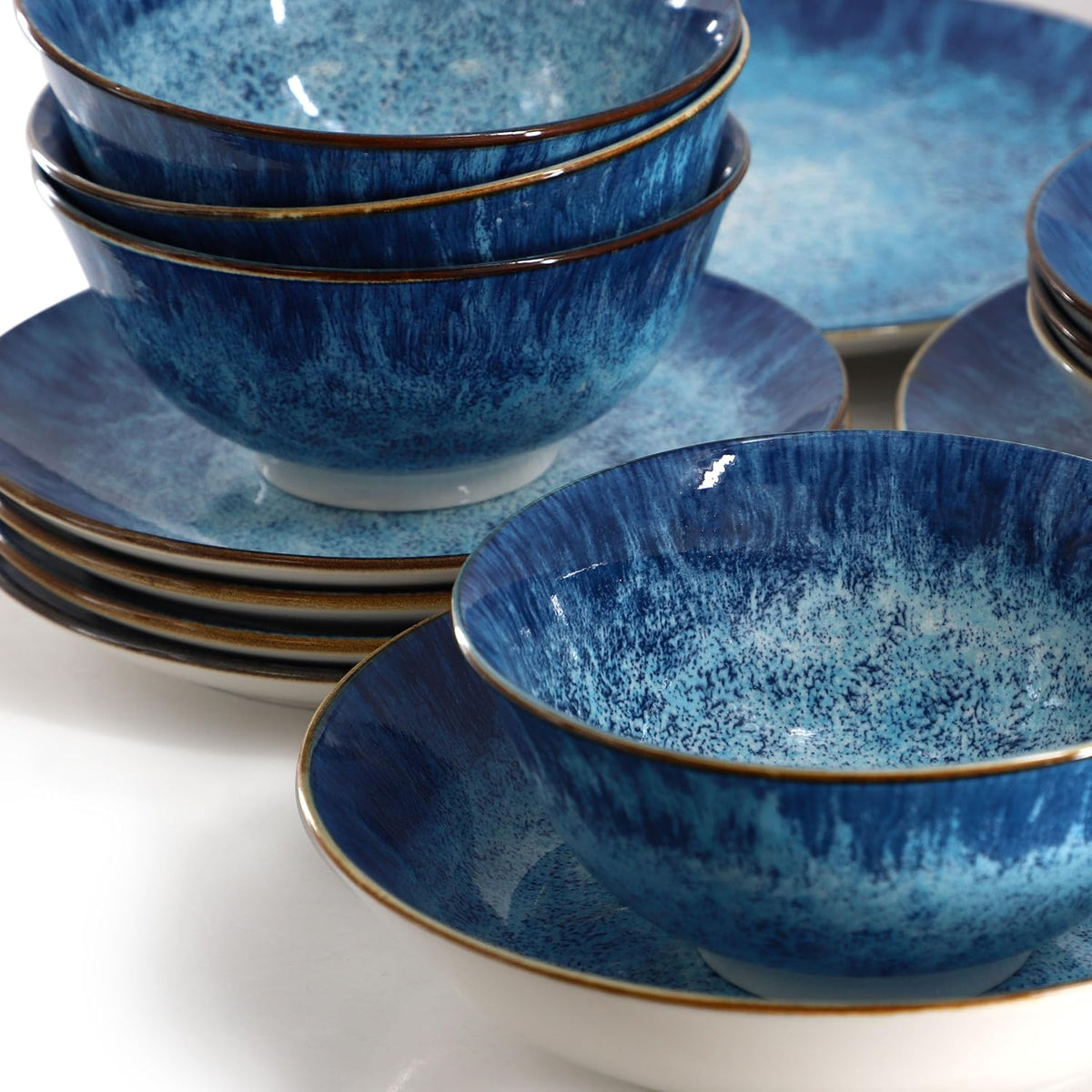 Elama Oceanus 16 Piece Porcelain Double Bowl Dinnerware Set in Blue, Tableware Service for 4