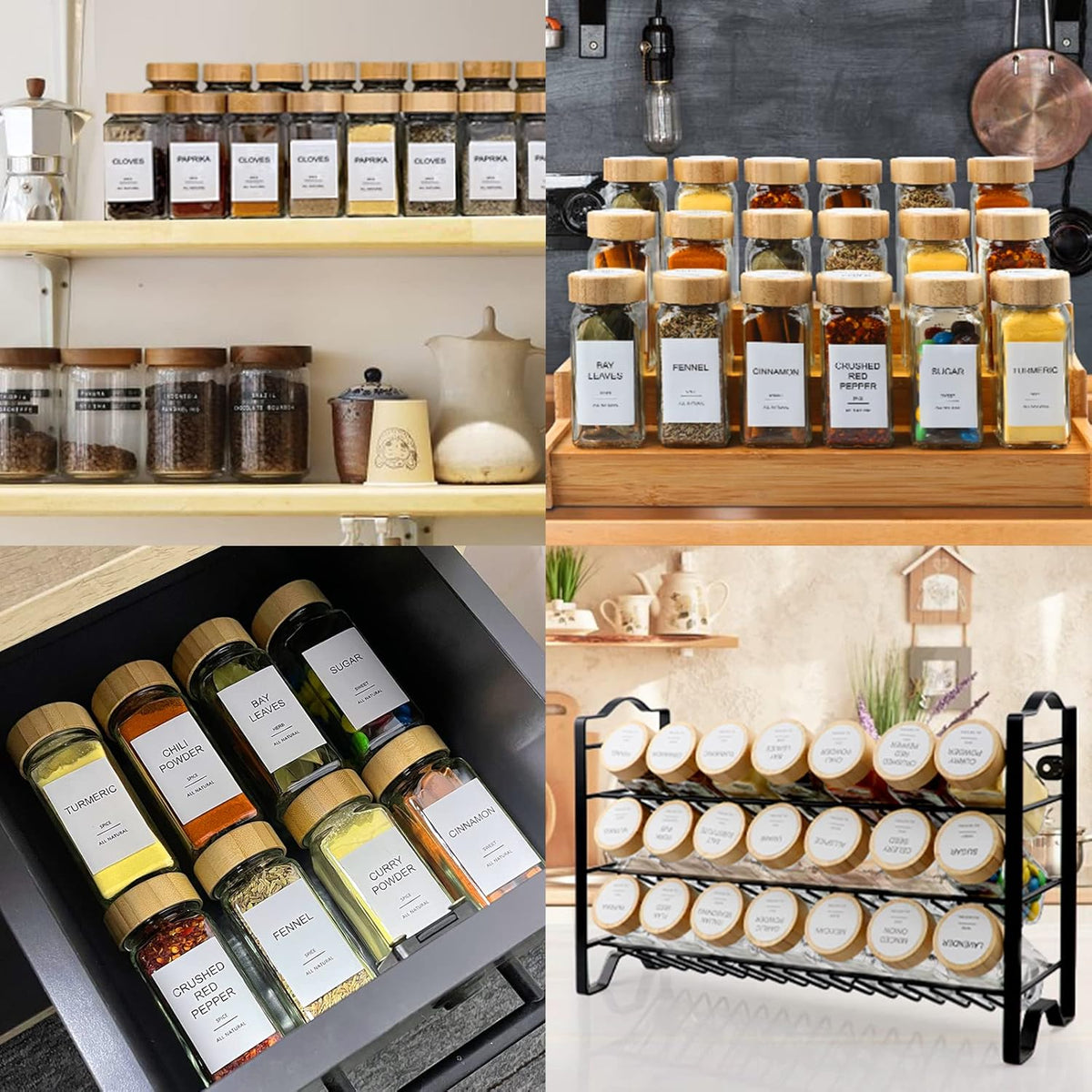 AISIPRIN Glass Spice Jars with 398 Labels, 24 pcs 4oz Spice Containers with Bamboo Lids, Square Spice Bottles With Shaker Lids,Spice Organization for Cabinet,Drawer,Rack,Seasoning Organizer