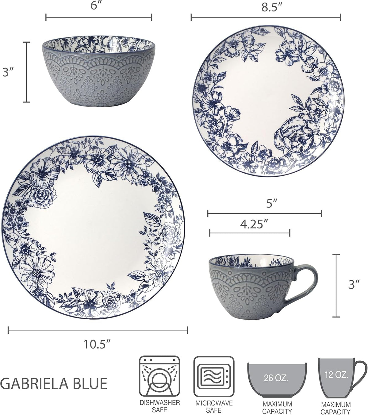 Pfaltzgraff Gabriela Blue 16-Piece Dinnerware Set, Service for 4, Durable Stoneware Plates, Bowls, and Mugs with Elegant Blue Pattern, Dishwasher Safe