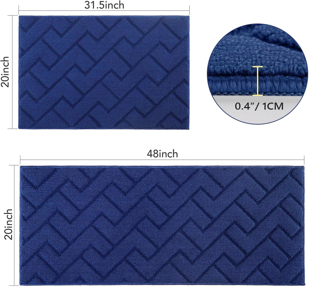 hicorfe Kitchen Rugs and Mats Sets,2 Pieces Super Absorbent Polypropylene Non-Slip Rug,Soft Comfort Floor Mat,Washable for Kitchen,Hallway,Office,Sink,Laundry(20&quot; x 31.5&quot;+20&quot; x 48&quot;,Navy Blue)