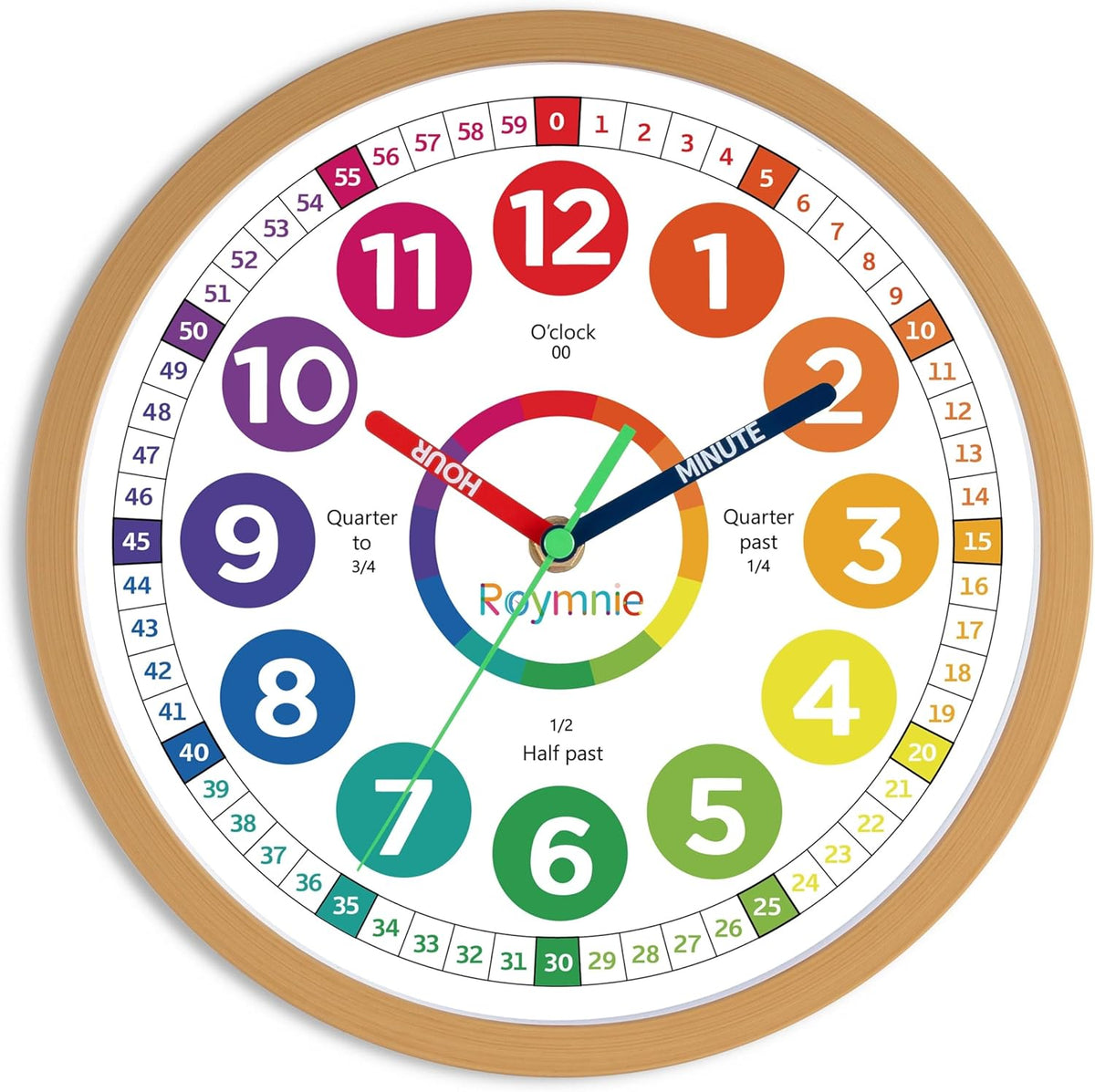 Wall Clock for Kids Learning to Tell Time Easily Non Ticking Battery Operated Kids Teaching Clock Silent Colorful Teaching Time Clock Decorative for Kids Room Classroom School (12 Inch)
