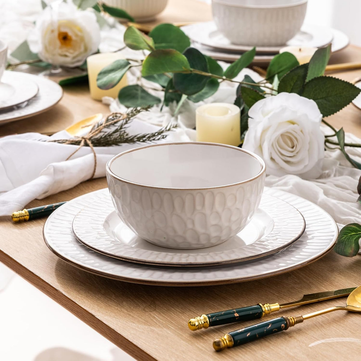 GBHOME Ceramic Dinnerware Sets,12 pcs Embossed Elegant Stoneware Plates and Bowls Sets, Housewarming Wedding Gift | Dishwasher &amp; Microwave Safe | Dishes Set Service for 4