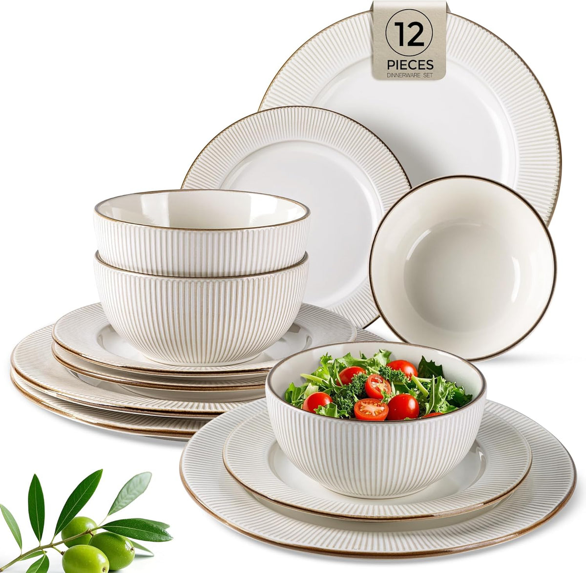 GBHOME Ceramic Dinnerware Sets,12 pcs Embossed Elegant Stoneware Plates and Bowls Sets, Housewarming Wedding Gift | Dishwasher &amp; Microwave Safe | Dishes Set Service for 4