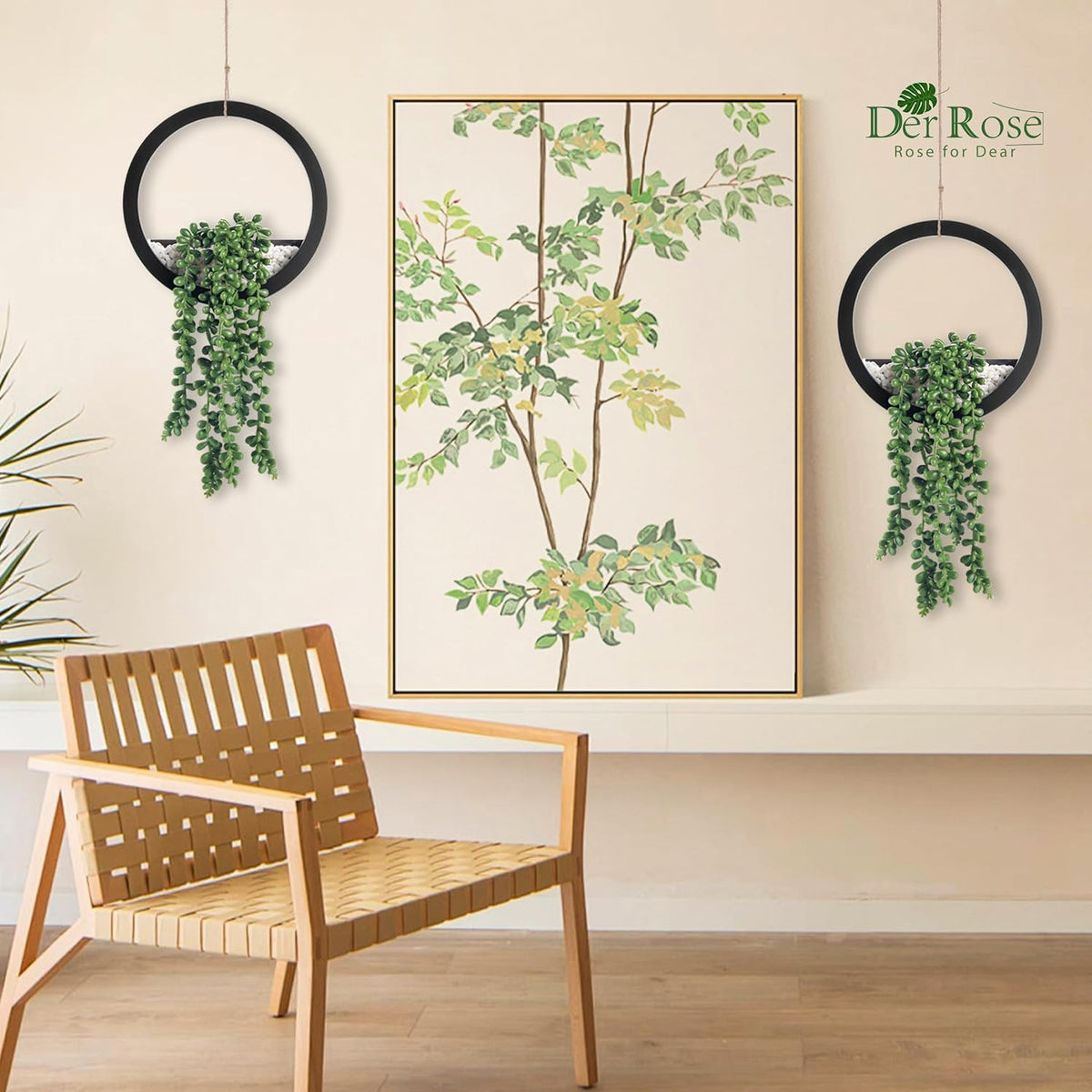 Der Rose 2 Pack Fake Plants Hanging Artificial Succulents Plants in Black Pots for Living Room Bathroom Accessories Boho Farmhouse Wall Decor