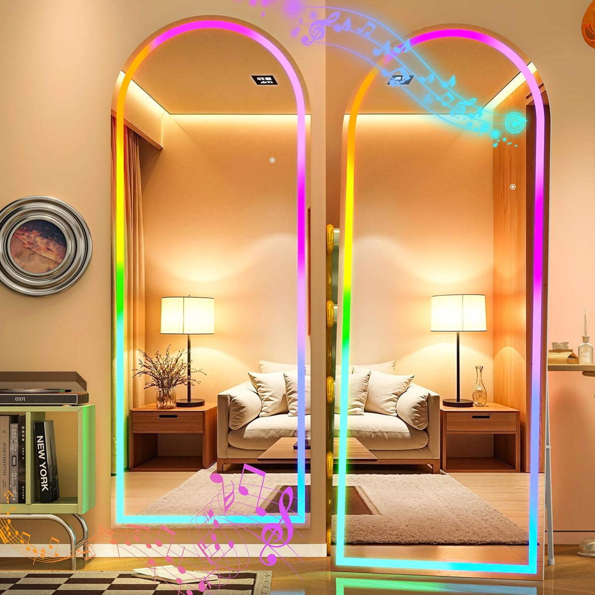 Hasipu 56&quot; x 16&quot; Arch LED Full Length Mirror with RGB Lights and Bluetooth Speaker, Full Body Floor Mirror with White Frame for Bedroom, Living Room, Dressing Room