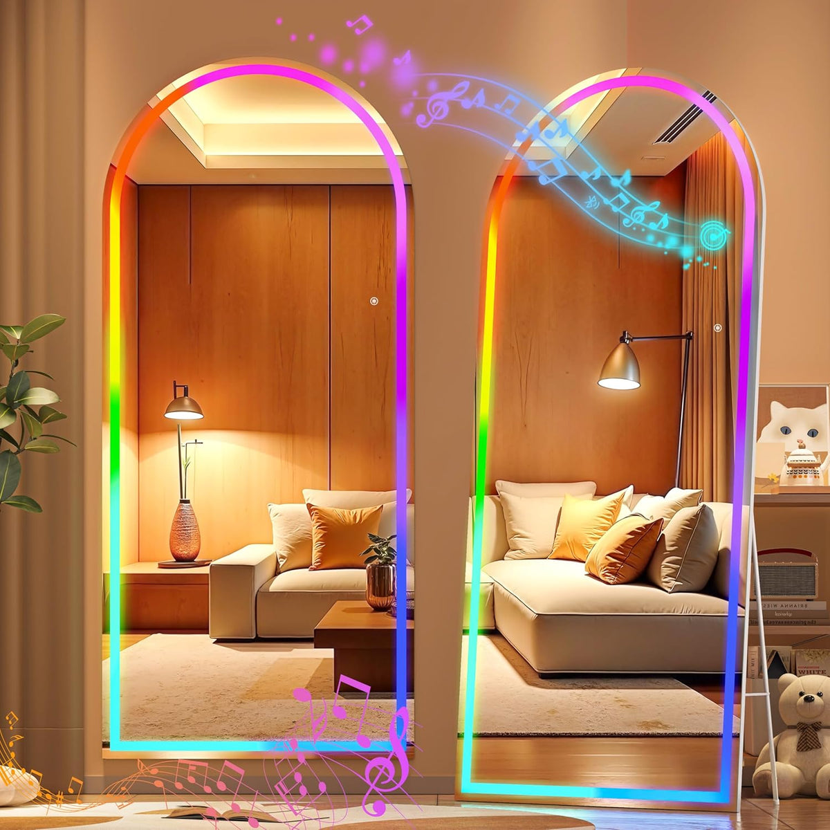 Hasipu 56&quot; x 16&quot; Arch LED Full Length Mirror with RGB Lights and Bluetooth Speaker, Full Body Floor Mirror with White Frame for Bedroom, Living Room, Dressing Room