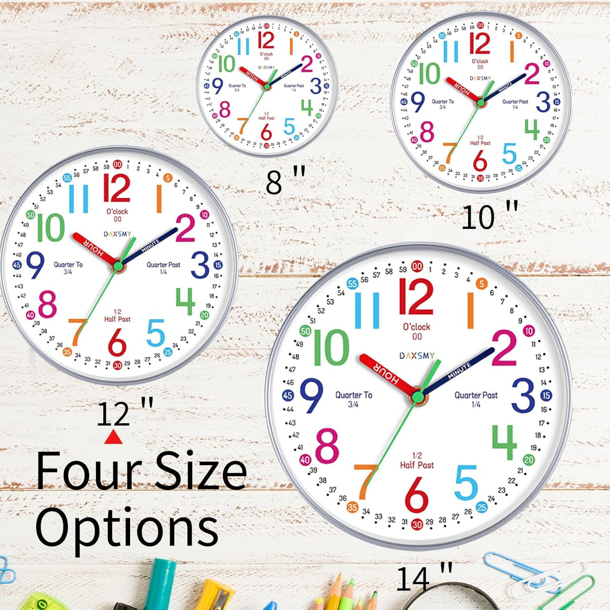 Wall Clock for Kids Learning to Tell Time Easily Non Ticking Battery Operated Kids Teaching Clock Silent Colorful Teaching Time Clock Decorative for Kids Room Classroom School (12 Inch)