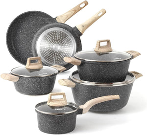 CAROTE 21Pcs Pots and Pans Set, Nonstick Cookware Sets, White Granite Induction Cookware Non Stick Cooking Set w/Frying Pans & Saucepans(PFOS, PFOA Free)