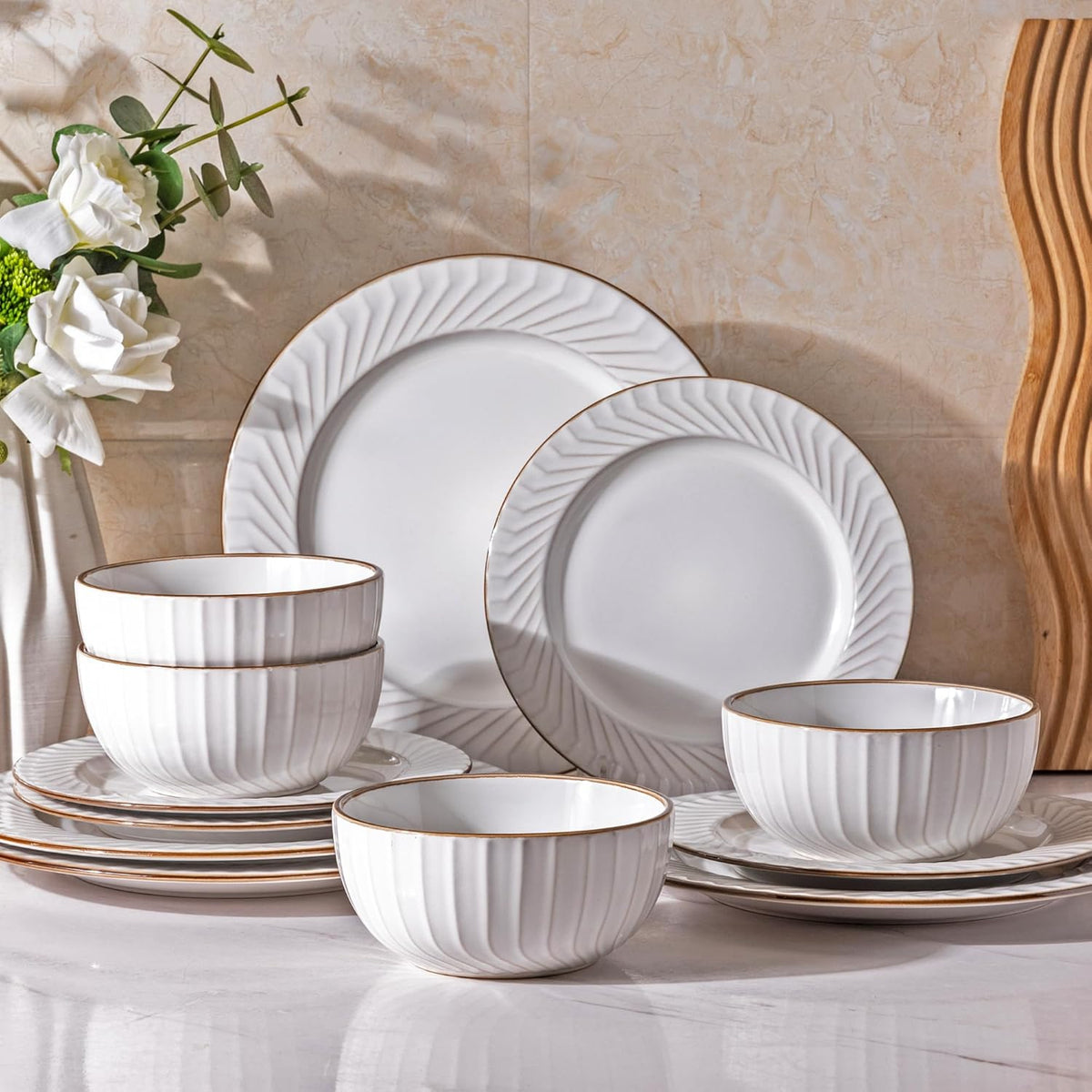 GBHOME Ceramic Dinnerware Sets,12 pcs Embossed Elegant Stoneware Plates and Bowls Sets, Housewarming Wedding Gift | Dishwasher &amp; Microwave Safe | Dishes Set Service for 4
