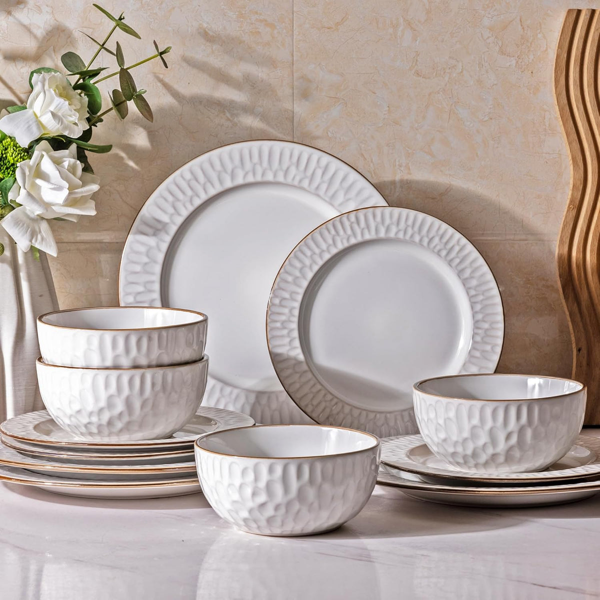 GBHOME Ceramic Dinnerware Sets,12 pcs Embossed Elegant Stoneware Plates and Bowls Sets, Housewarming Wedding Gift | Dishwasher &amp; Microwave Safe | Dishes Set Service for 4