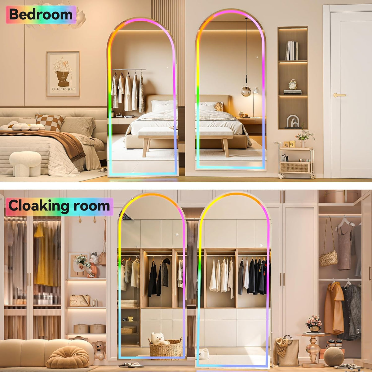 Hasipu 56&quot; x 16&quot; Arch LED Full Length Mirror with RGB Lights and Bluetooth Speaker, Full Body Floor Mirror with White Frame for Bedroom, Living Room, Dressing Room
