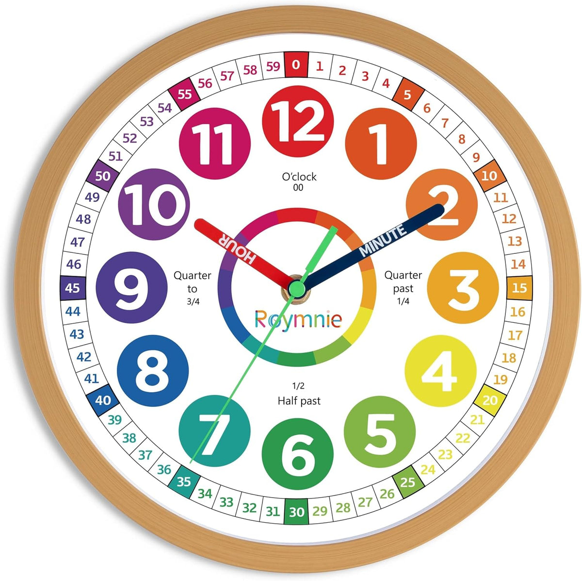 Wall Clock for Kids Learning to Tell Time Easily Non Ticking Battery Operated Kids Teaching Clock Silent Colorful Teaching Time Clock Decorative for Kids Room Classroom School (12 Inch)
