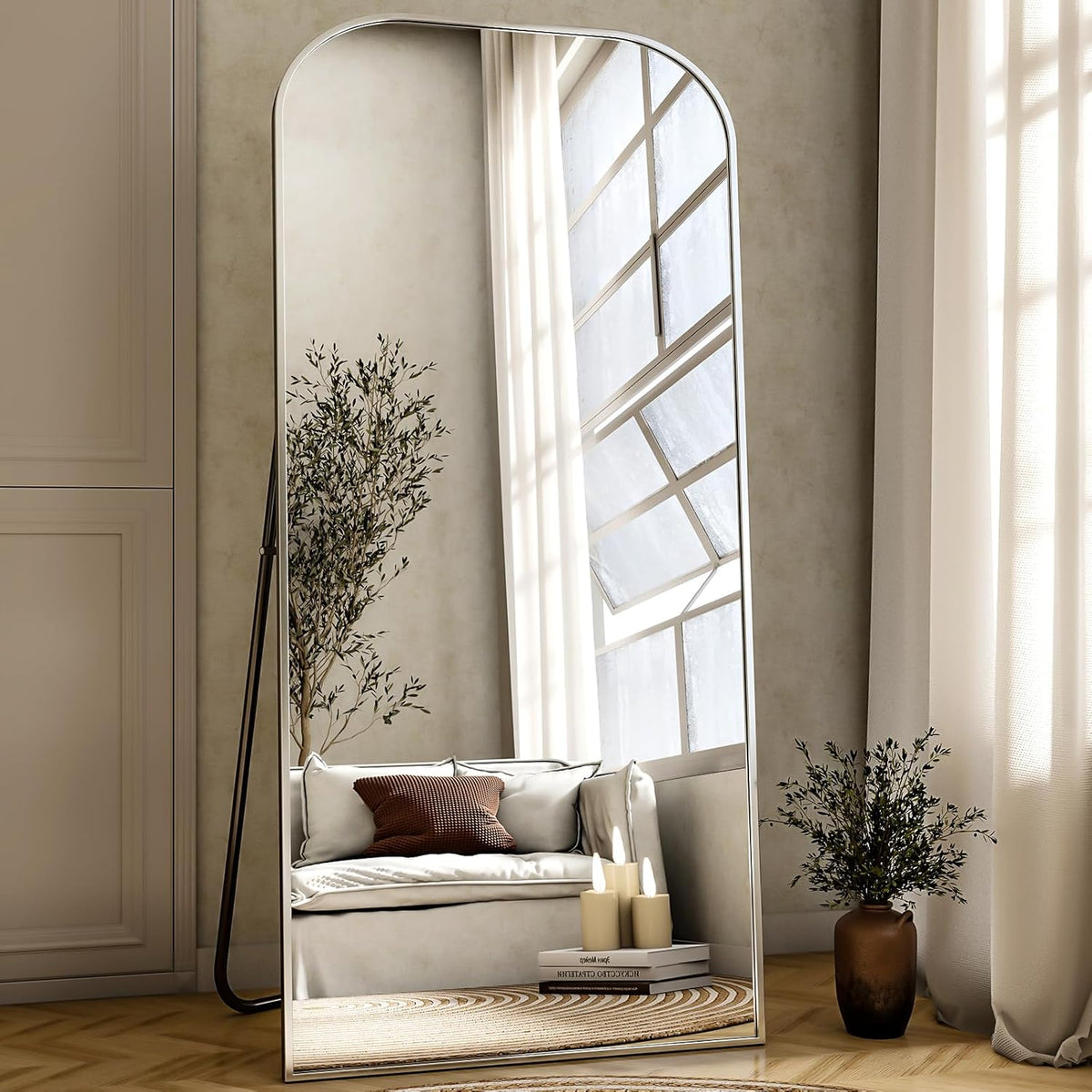 Full Length Mirror, 71&quot;x28&quot; Floor Mirror Freestanding, Arched Floor Standing Large Mirror Full Body Mirrors with Stand for Bedroom, Hanging Mounted Mirrors for Living Room, Silver