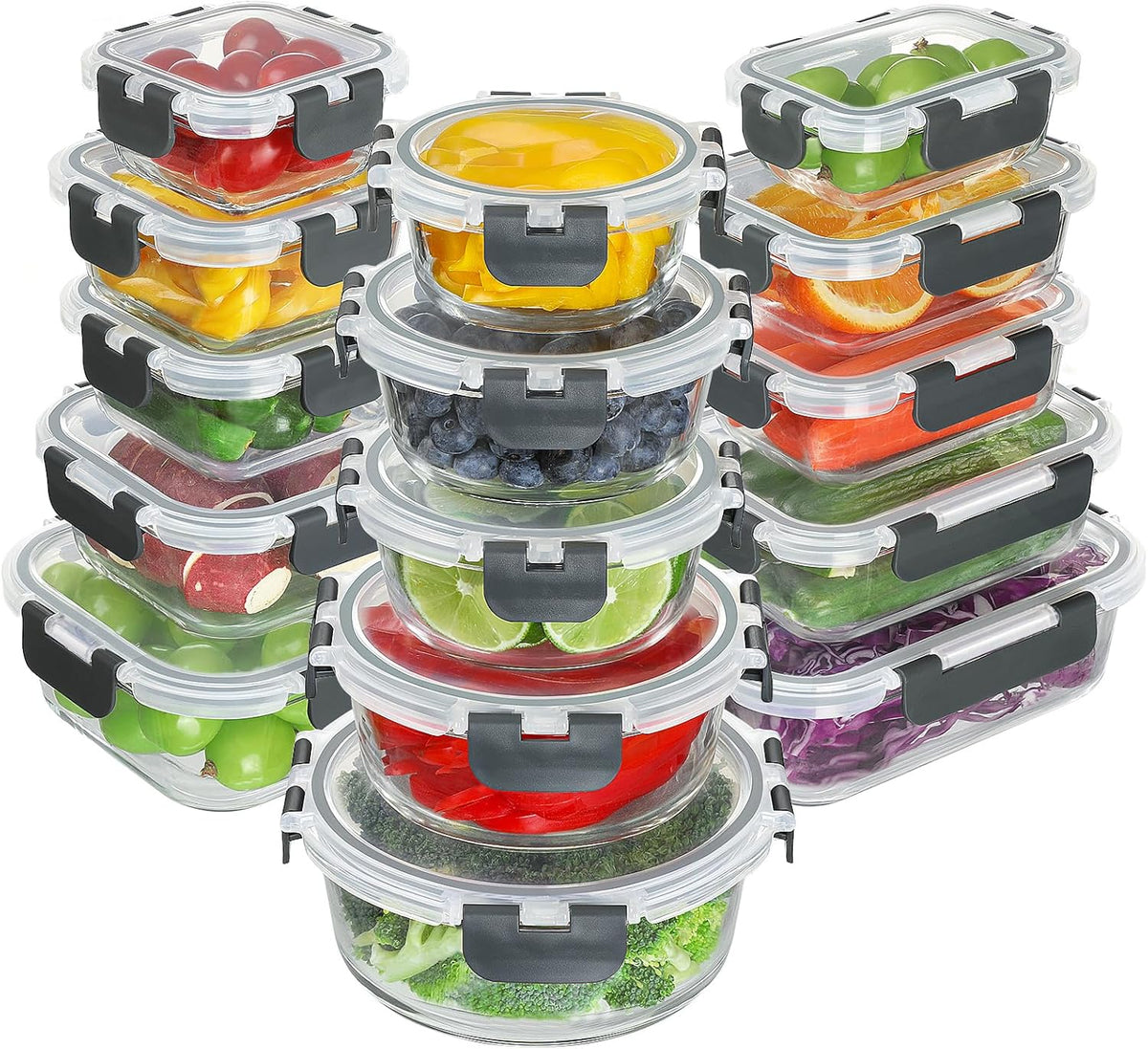 BAYZZ 30 Piece Glass Food Storage Containers Set, Glass Meal Prep Containers with Lids, Airtight Lunch Box, BPA-Free, Microwave, Freezer &amp; Dishwasher Safe