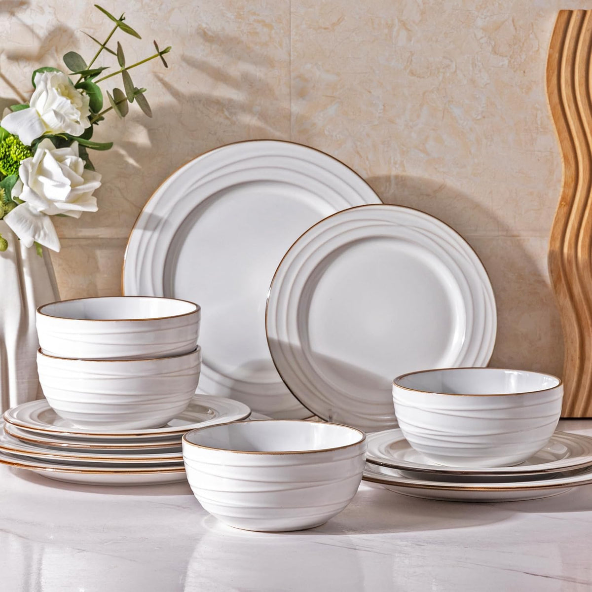 GBHOME Ceramic Dinnerware Sets,12 pcs Embossed Elegant Stoneware Plates and Bowls Sets, Housewarming Wedding Gift | Dishwasher &amp; Microwave Safe | Dishes Set Service for 4