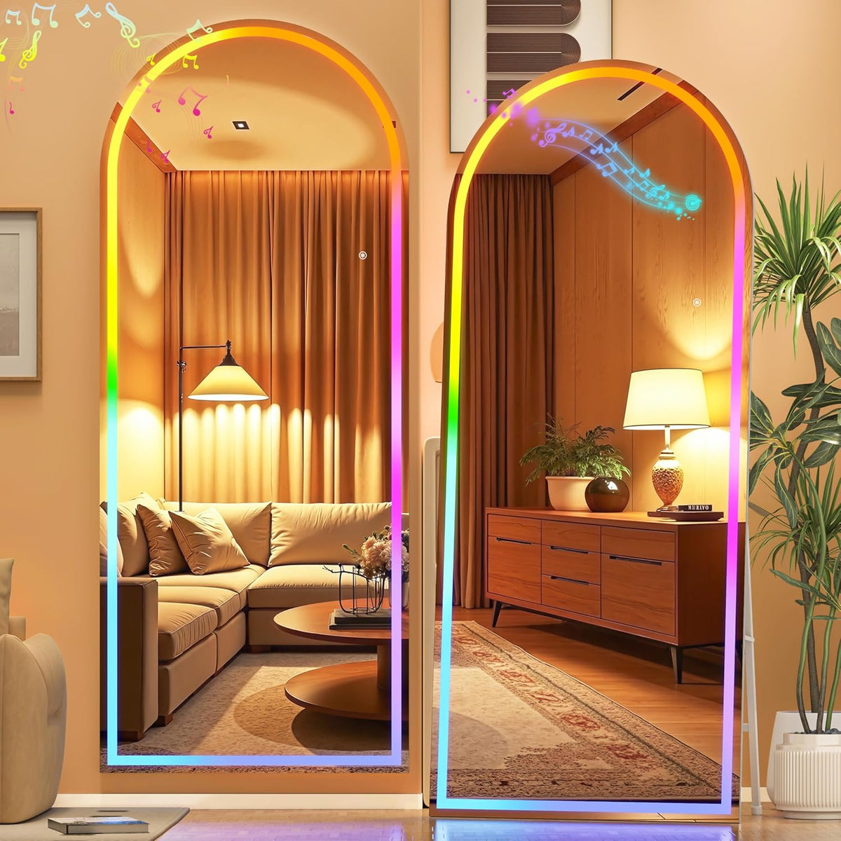 Hasipu 56&quot; x 16&quot; Arch LED Full Length Mirror with RGB Lights and Bluetooth Speaker, Full Body Floor Mirror with White Frame for Bedroom, Living Room, Dressing Room