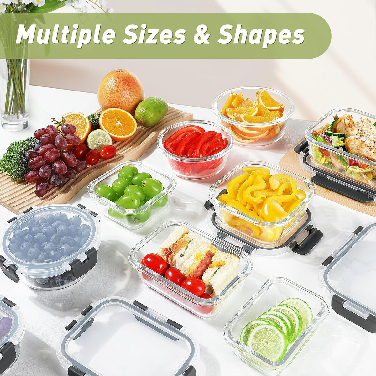 BAYZZ 30 Piece Glass Food Storage Containers Set, Glass Meal Prep Containers with Lids, Airtight Lunch Box, BPA-Free, Microwave, Freezer &amp; Dishwasher Safe