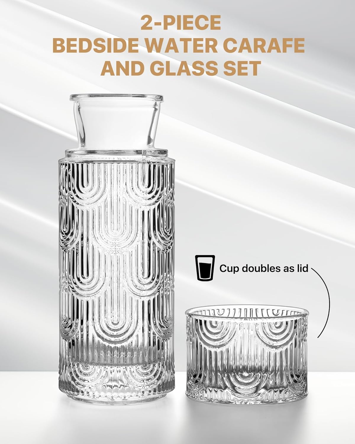 Bedside Water Carafe and Glass Set, Mouthwash Dispenser for Bathroom, 21.6 Oz Glass Water Bottles with 6 Oz Drinking Cup as Lid, Pitcher for Nightstand, Kitchen (Clear)