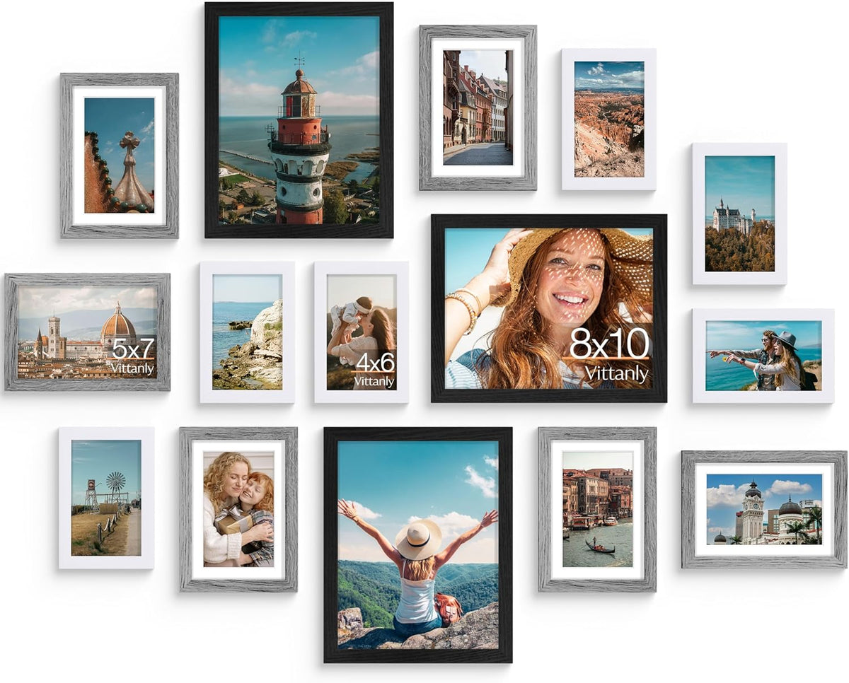 Vittanly 15 Pack Picture Frames Collage Wall Decor for Mounting or Tabletop Display, Gallery Frame Set for Family, Multi Sizes Including 3pcs 8x10, 6pcs 5x7, 6pcs 4x6, Black