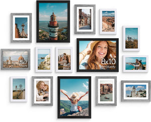 Vittanly 15 Pack Picture Frames Collage Wall Decor for Mounting or Tabletop Display, Gallery Frame Set for Family, Multi Sizes Including 3pcs 8x10, 6pcs 5x7, 6pcs 4x6, Black