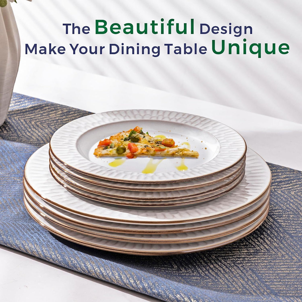 GBHOME Ceramic Dinnerware Sets,12 pcs Embossed Elegant Stoneware Plates and Bowls Sets, Housewarming Wedding Gift | Dishwasher &amp; Microwave Safe | Dishes Set Service for 4