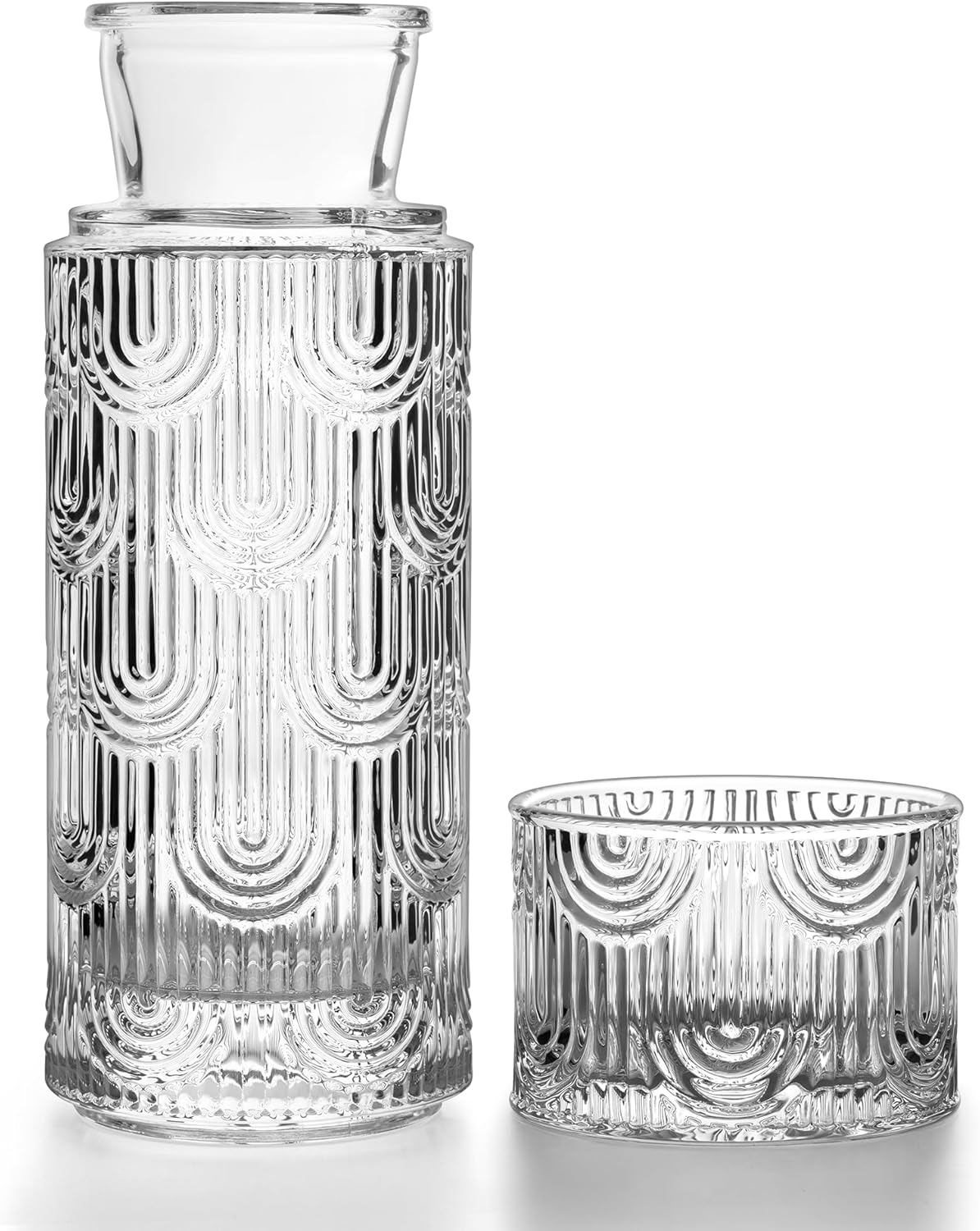 Bedside Water Carafe and Glass Set, Mouthwash Dispenser for Bathroom, 21.6 Oz Glass Water Bottles with 6 Oz Drinking Cup as Lid, Pitcher for Nightstand, Kitchen (Clear)