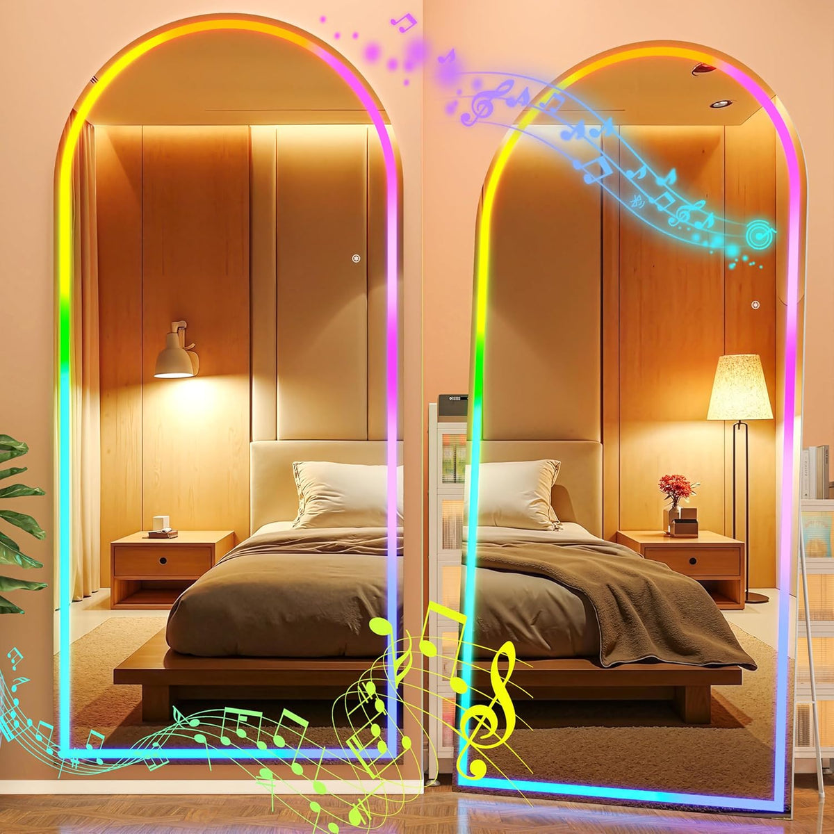 Hasipu 56&quot; x 16&quot; Arch LED Full Length Mirror with RGB Lights and Bluetooth Speaker, Full Body Floor Mirror with White Frame for Bedroom, Living Room, Dressing Room