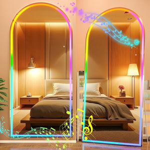 Hasipu 56" x 16" Arch LED Full Length Mirror with RGB Lights and Bluetooth Speaker, Full Body Floor Mirror with White Frame for Bedroom, Living Room, Dressing Room