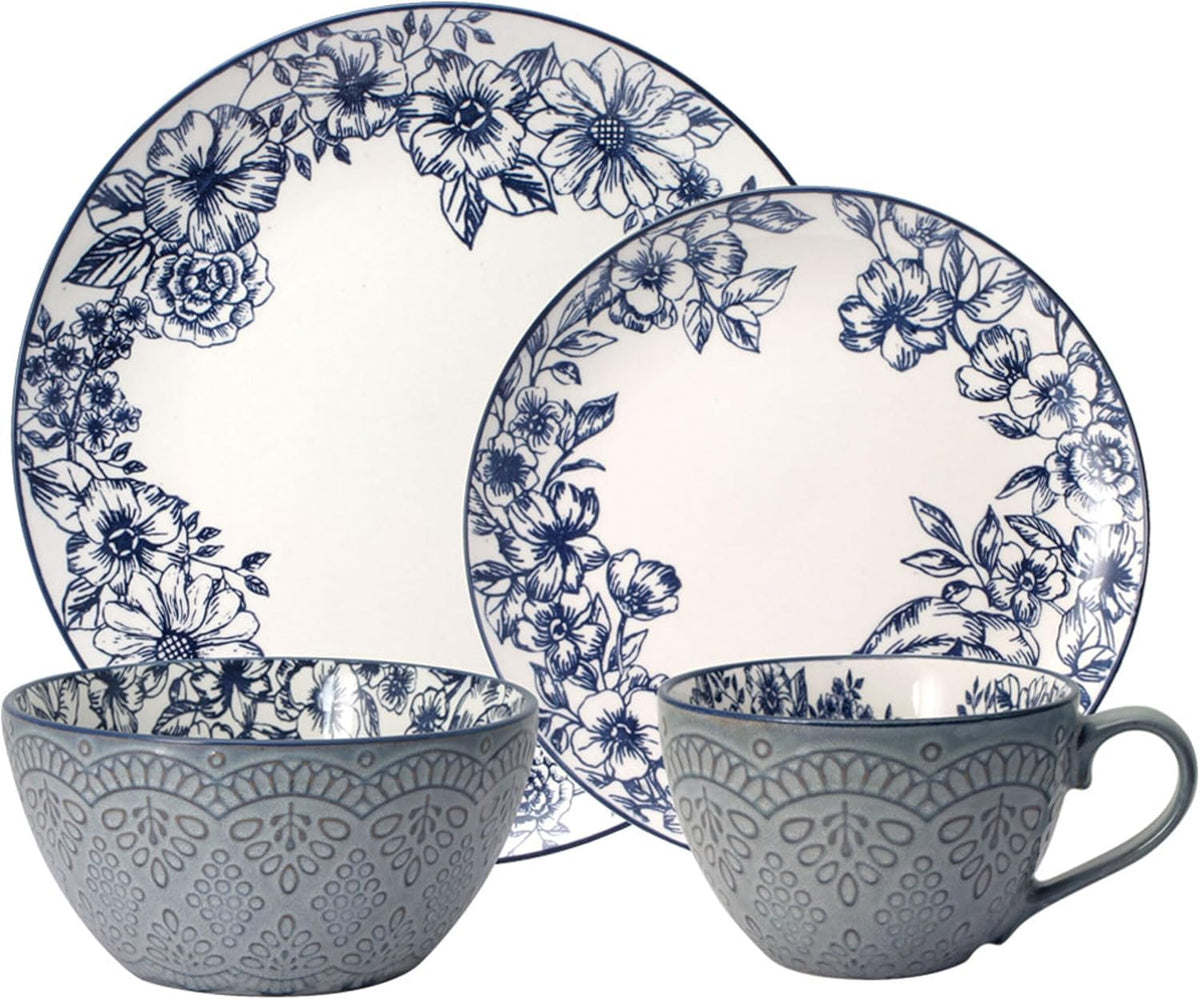 Pfaltzgraff Gabriela Blue 16-Piece Dinnerware Set, Service for 4, Durable Stoneware Plates, Bowls, and Mugs with Elegant Blue Pattern, Dishwasher Safe