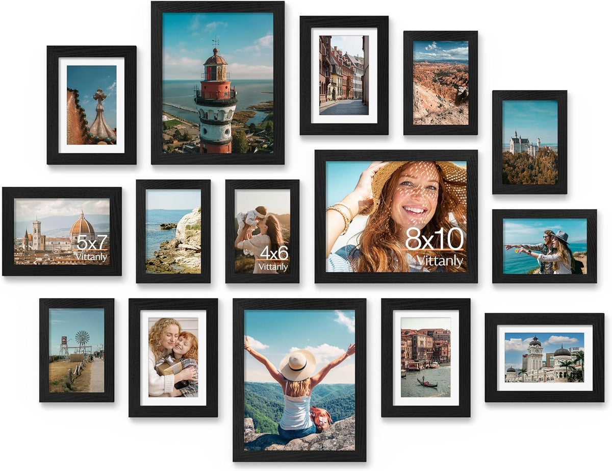 Vittanly 15 Pack Picture Frames Collage Wall Decor for Mounting or Tabletop Display, Gallery Frame Set for Family, Multi Sizes Including 3pcs 8x10, 6pcs 5x7, 6pcs 4x6, Black