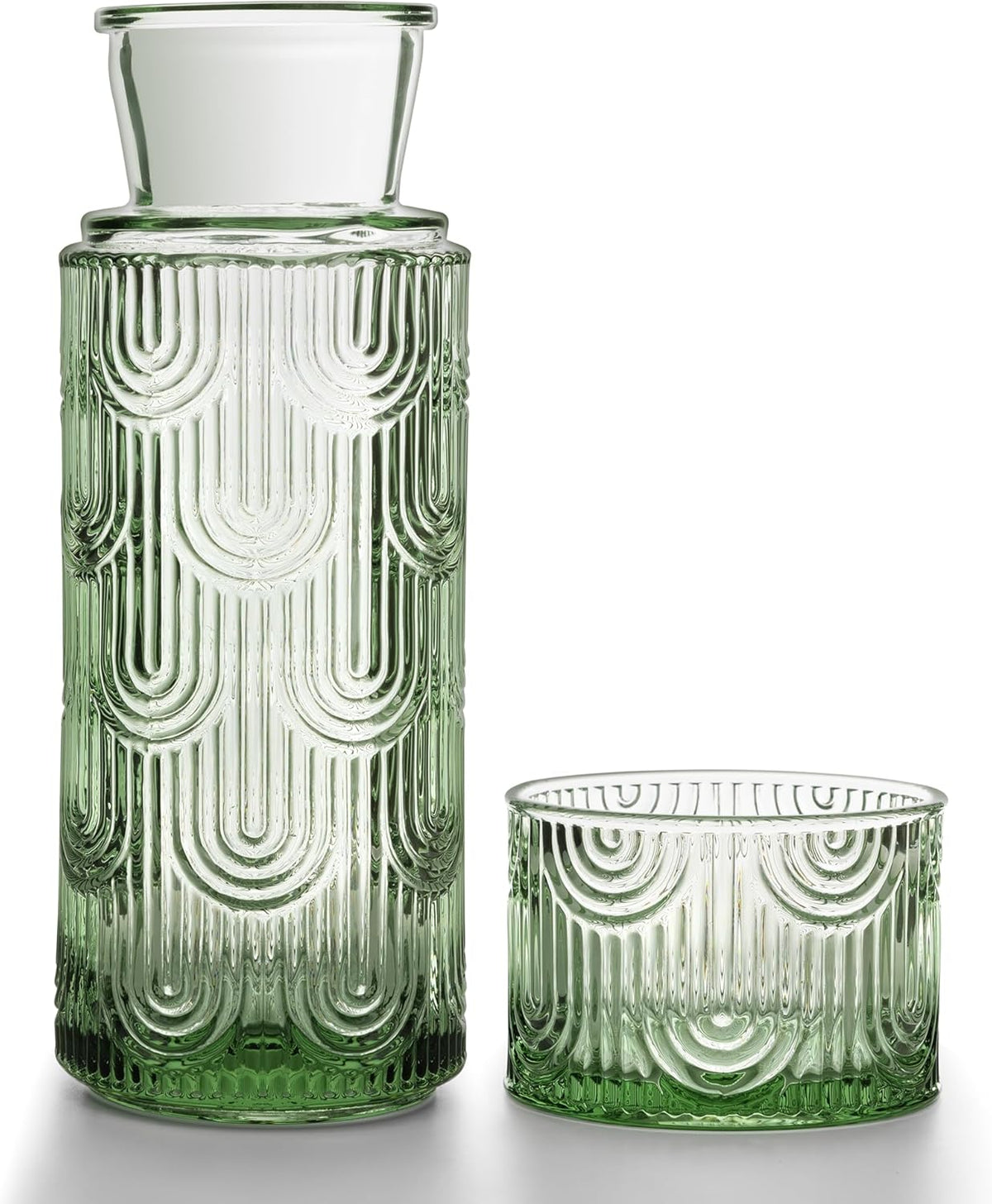 Bedside Water Carafe and Glass Set, Mouthwash Dispenser for Bathroom, 21.6 Oz Glass Water Bottles with 6 Oz Drinking Cup as Lid, Pitcher for Nightstand, Kitchen (Clear)