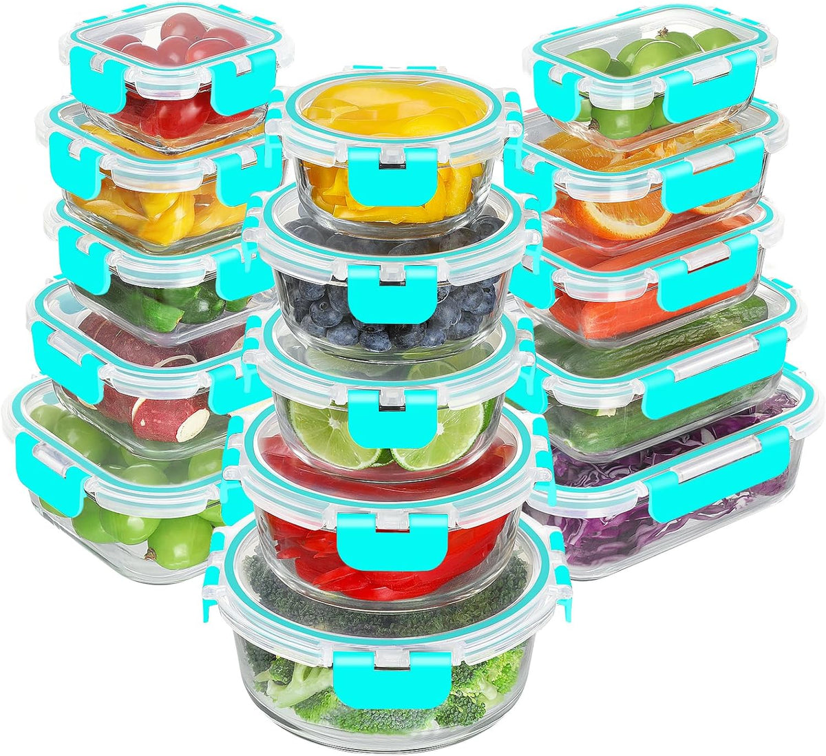 BAYZZ 30 Piece Glass Food Storage Containers Set, Glass Meal Prep Containers with Lids, Airtight Lunch Box, BPA-Free, Microwave, Freezer &amp; Dishwasher Safe