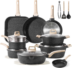 CAROTE 21Pcs Pots and Pans Set, Nonstick Cookware Sets, White Granite Induction Cookware Non Stick Cooking Set w/Frying Pans & Saucepans(PFOS, PFOA Free)