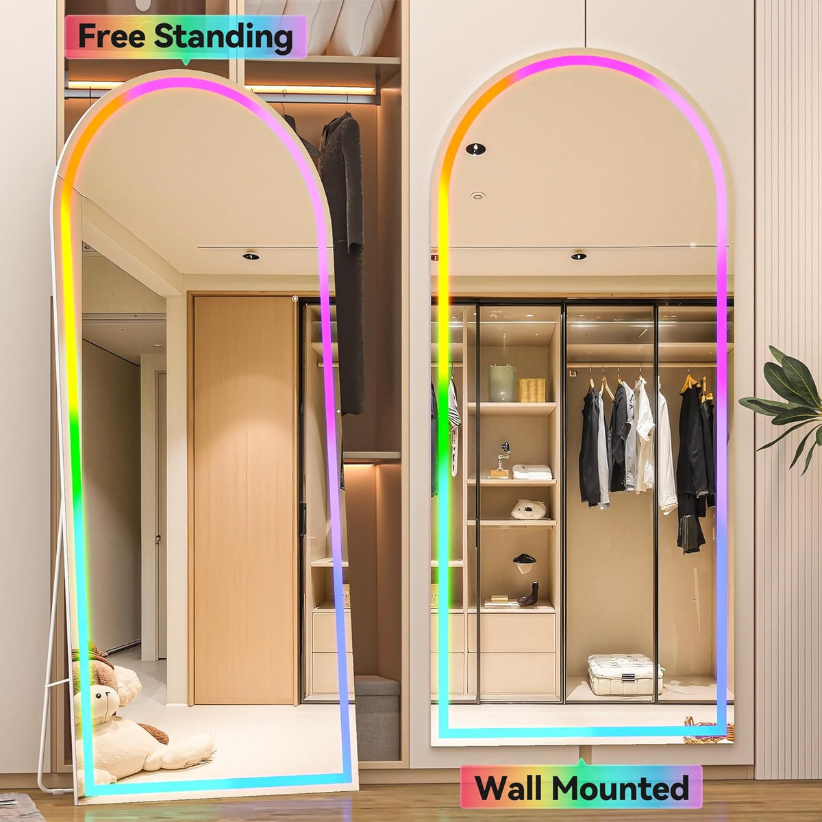 Hasipu 56&quot; x 16&quot; Arch LED Full Length Mirror with RGB Lights and Bluetooth Speaker, Full Body Floor Mirror with White Frame for Bedroom, Living Room, Dressing Room